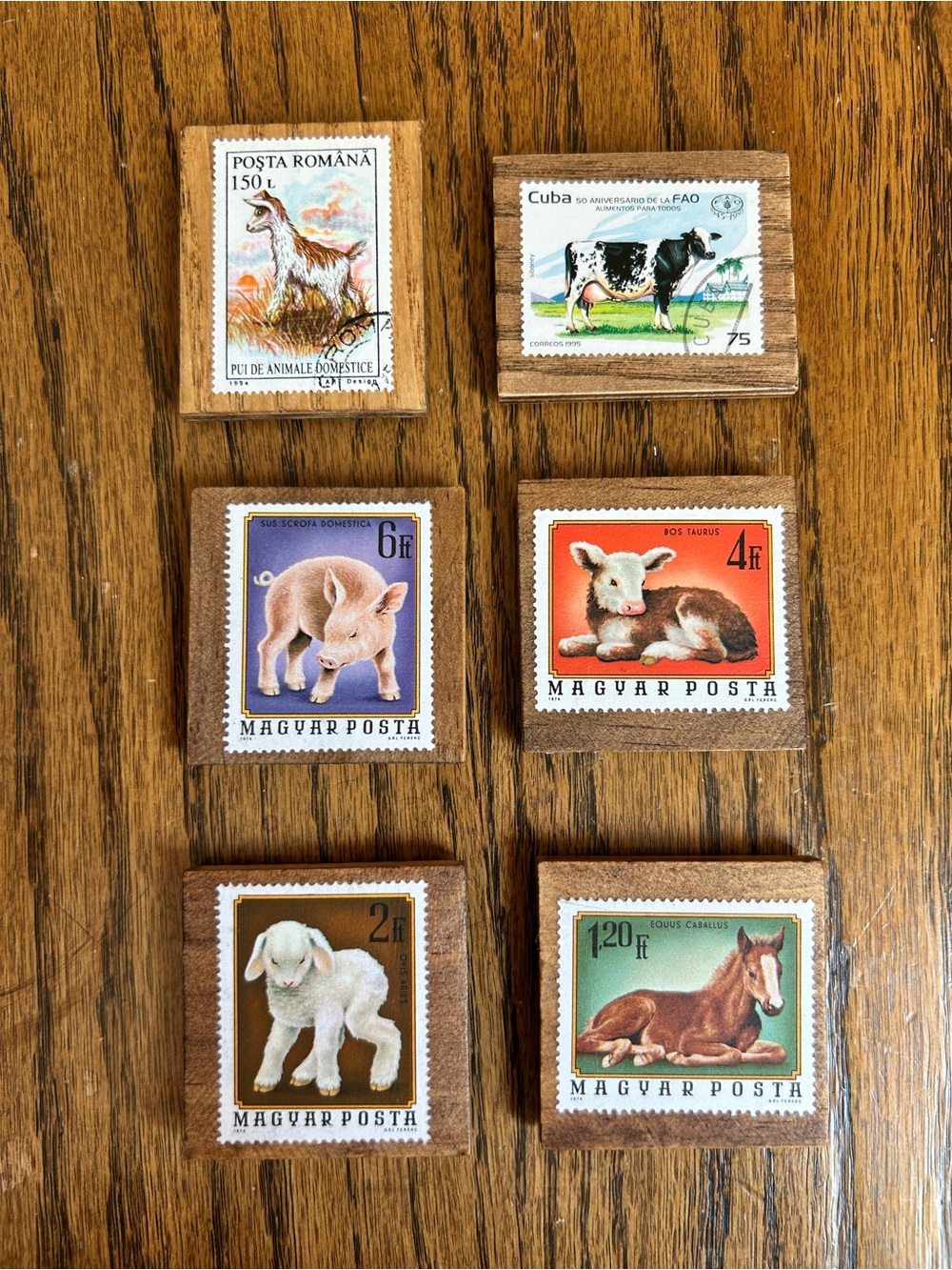 Handmade Vintage Postage Stamp Magnets On Wood • Farm Animals